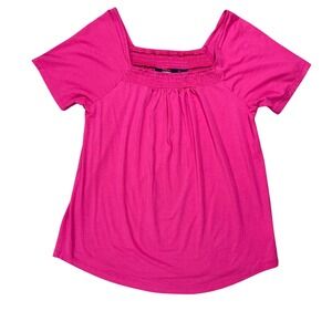 Lands End Pink Smocked Square Neck Short Sleeve Blouse Top Womens Medium 10-12